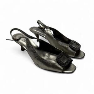 J Renee silver metallic peep toe kitten heel sandals rhinestone buckle size 7